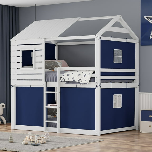 Harper & Bright Designs Full Over Full Bunk Bed with Under-Bed Storage, Wood Full Size Bunk House Bed with Tent and Windows, Blue+White