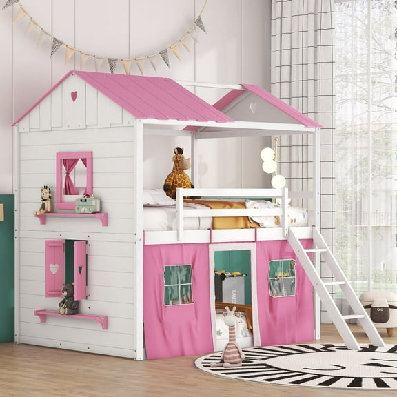 Harper & Bright Designs Full Over Full Bunk Wood House Bed with Elegant Windows Sills and Tent, Full House Bunk Beds, Pink