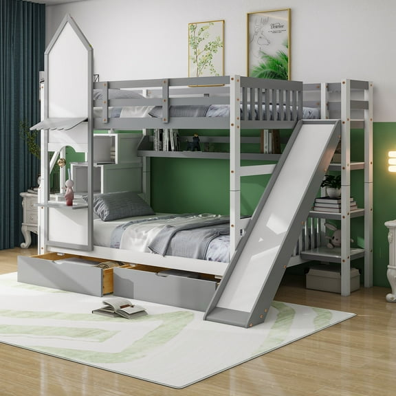 Harper & Bright Designs Full Over Full Castle Style Bunk Bed with 2 Drawers 3 Shelves and Slide, Gray