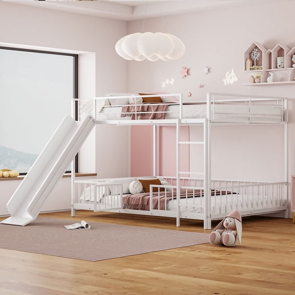 Harper & Bright Designs Full Over Full Metal Bunk Bed with Slide & Guardrails, Metal Bunkbeds Frame for  Bedrooms, White