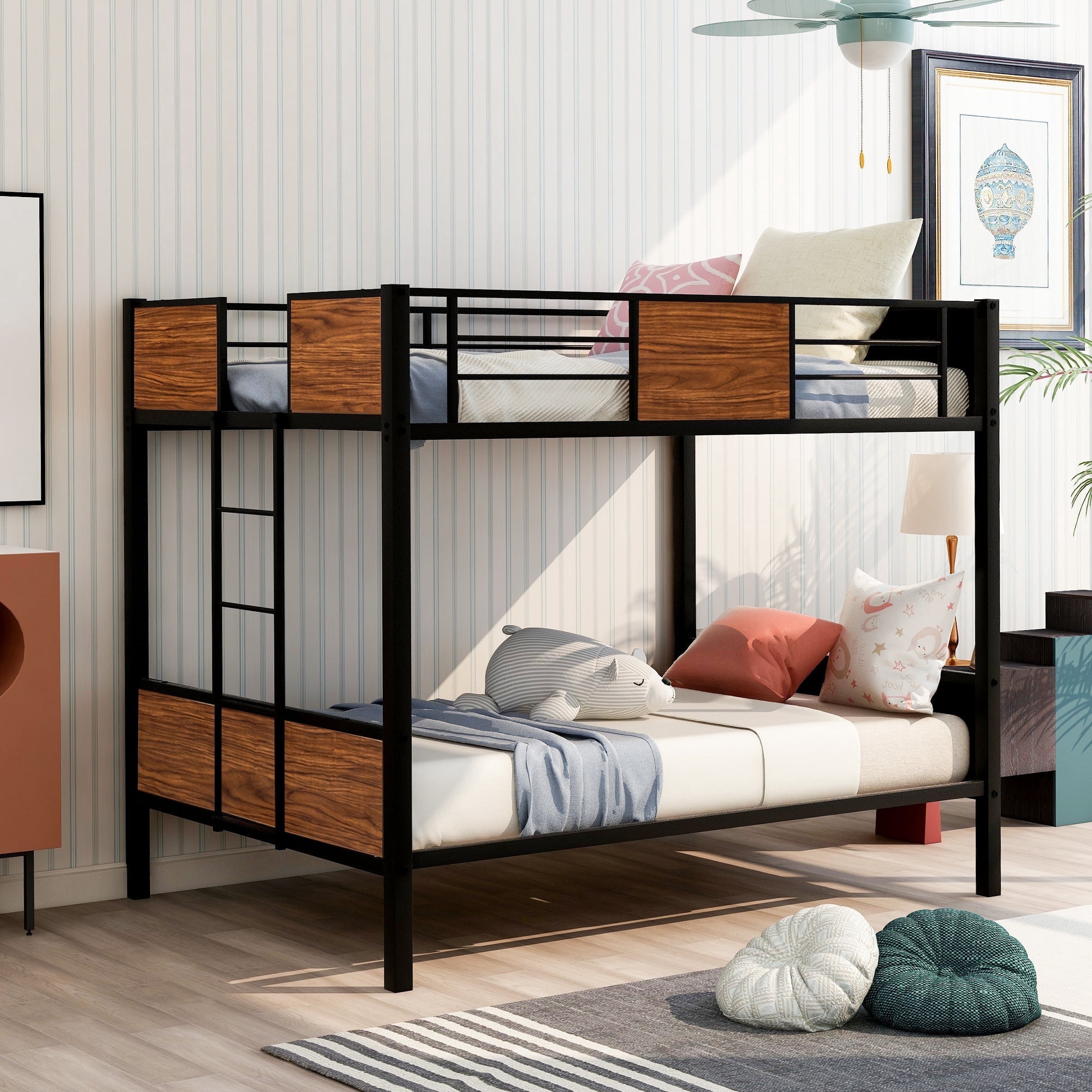 Harper & Bright Designs Full Over Full Metal Bunk Bed with Wood Grain