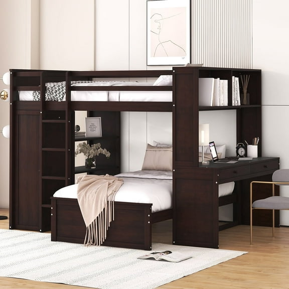Harper & Bright Designs Full Over Twin Bunk Bed with Desk, Solid Wood Bunk Bed with Storage Shelves and Wardrobe, Twin Size Loft Bed with a Stand-Alone Bed, Espresso