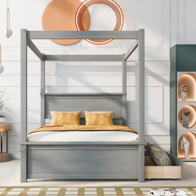 Churanty Full Size Canopy Bed Frame with Headboard,Wood Full Platform