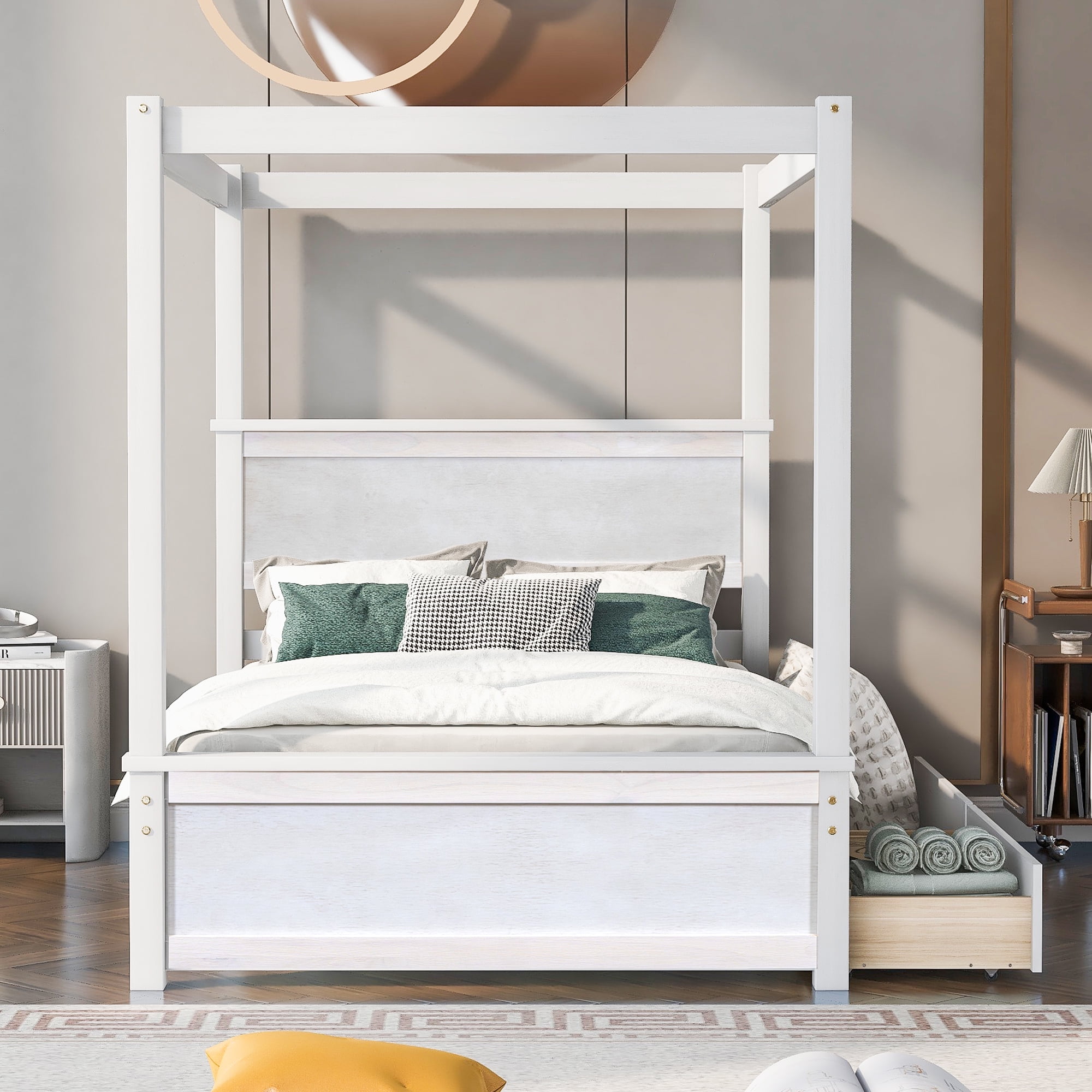 Harper & Bright Designs Full Size Canopy Bed Frame with Headboard, Wood Full Platform Bed with 2 Storage Drawers, White