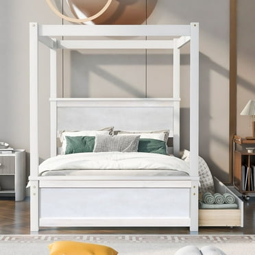 Harper & Bright Designs Full Size Canopy Bed Frame with Headboard, Wood Full Platform Bed with 2 Storage Drawers, White