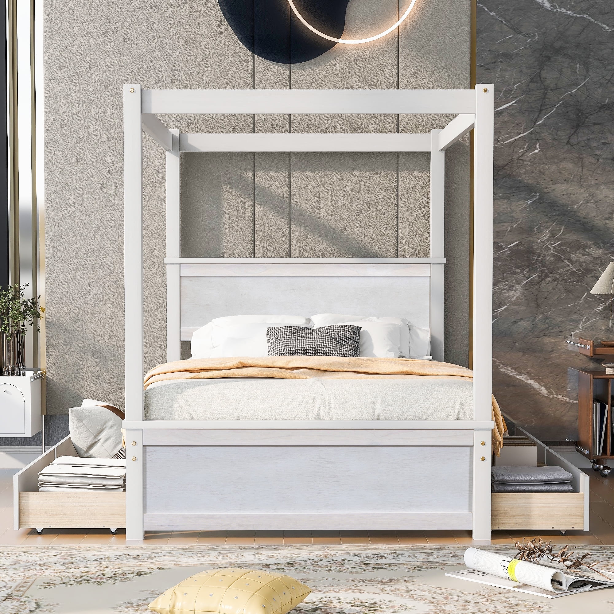Harper & Bright Designs Full Size Canopy Bed Frame with Headboard, Wood Full Platform Bed with 4 Storage Drawers, White
