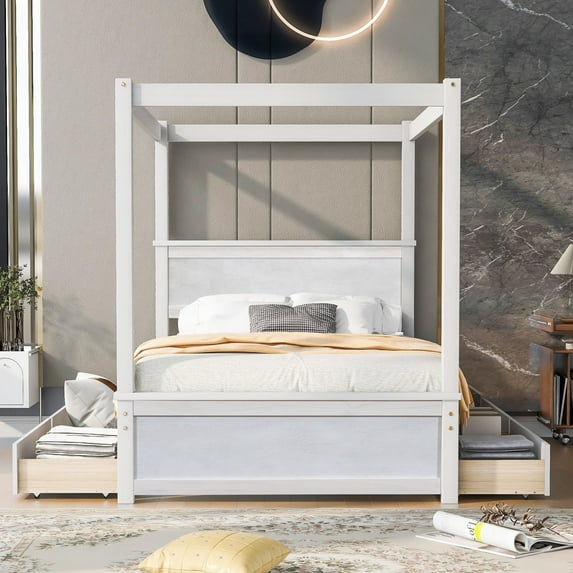 Harper & Bright Designs Full Size Canopy Bed Frame with Headboard, Wood Full Platform Bed with 4 Storage Drawers, White