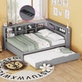 thumbnail image 1 of Harper & Bright Designs Full Size DayBed with Trundle, Wooden Platform Bed with Storage Shelf and USB Charging Ports, Low Floor Bed for Boys Girls Adult Bedroom, Gray, 1 of 14