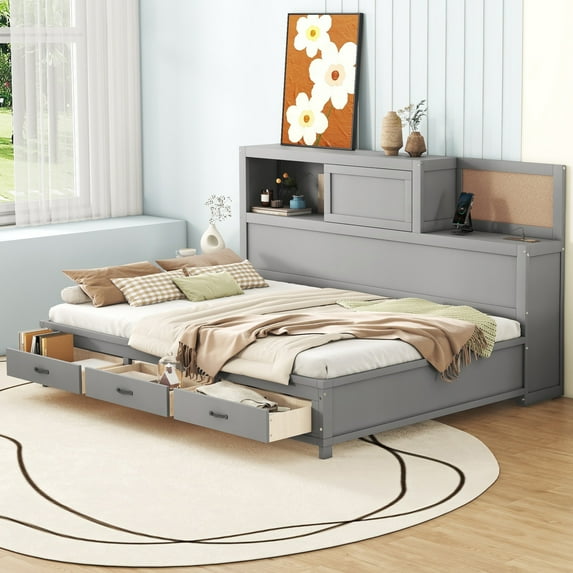 Harper & Bright Designs Full Size Daybed with 3 Storage Drawers and a Set of Sockets and USB Ports, Wooden Bedframe with Upper Soft Board for Bedroom Guestroom, Gray