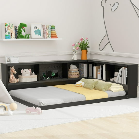 Churanty Full Size Daybed with Bookcase, L-Shape Daybed with USB Ports for Kids Adults, Wood Full Corner Bed with Storage Headboard, Black