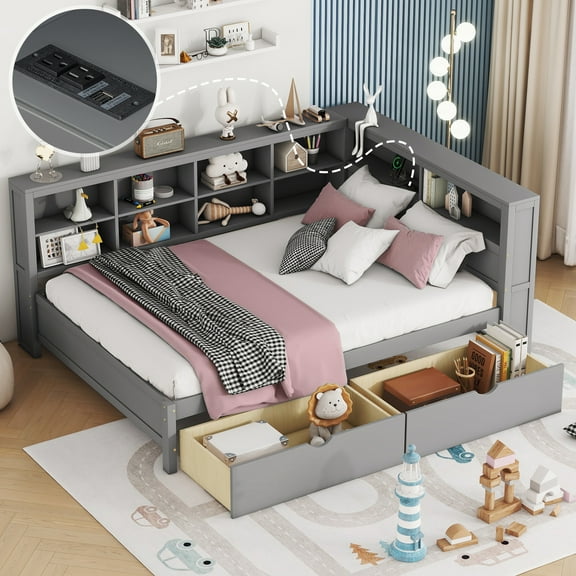 Harper & Bright Designs Full Size Daybed with L-shaped Bookcase and 2 Drawers, Wooden Day Bed with Storage Shelf and USB Charging Ports, Grey
