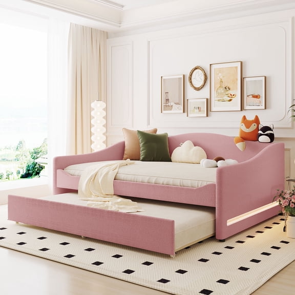 Harper & Bright Designs Full Size Daybed with Trundle, Teddy Fleece Full Upholstered Daybed Frame with Light, USB Ports and Sockets, Pink