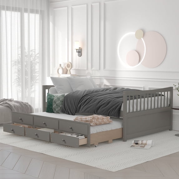 Harper & Bright Designs Full Size Daybed with Trundle and 3 Storage Drawers, Wood Full Captain’s Bed with Trundle Bed, Full Platform Bed, Gray