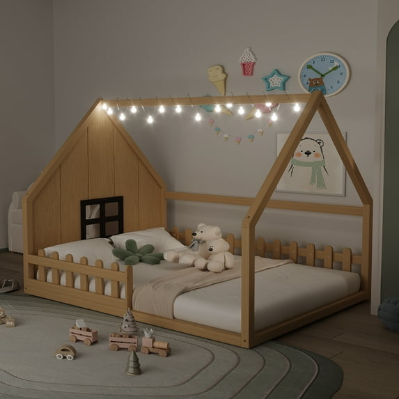 Harper & Bright Designs Full Size Floor Bed for Kids, Wood Montessori Bed with Fence & LED Light, Full House Bed with Window and Roof for Girls & Boys, Natural