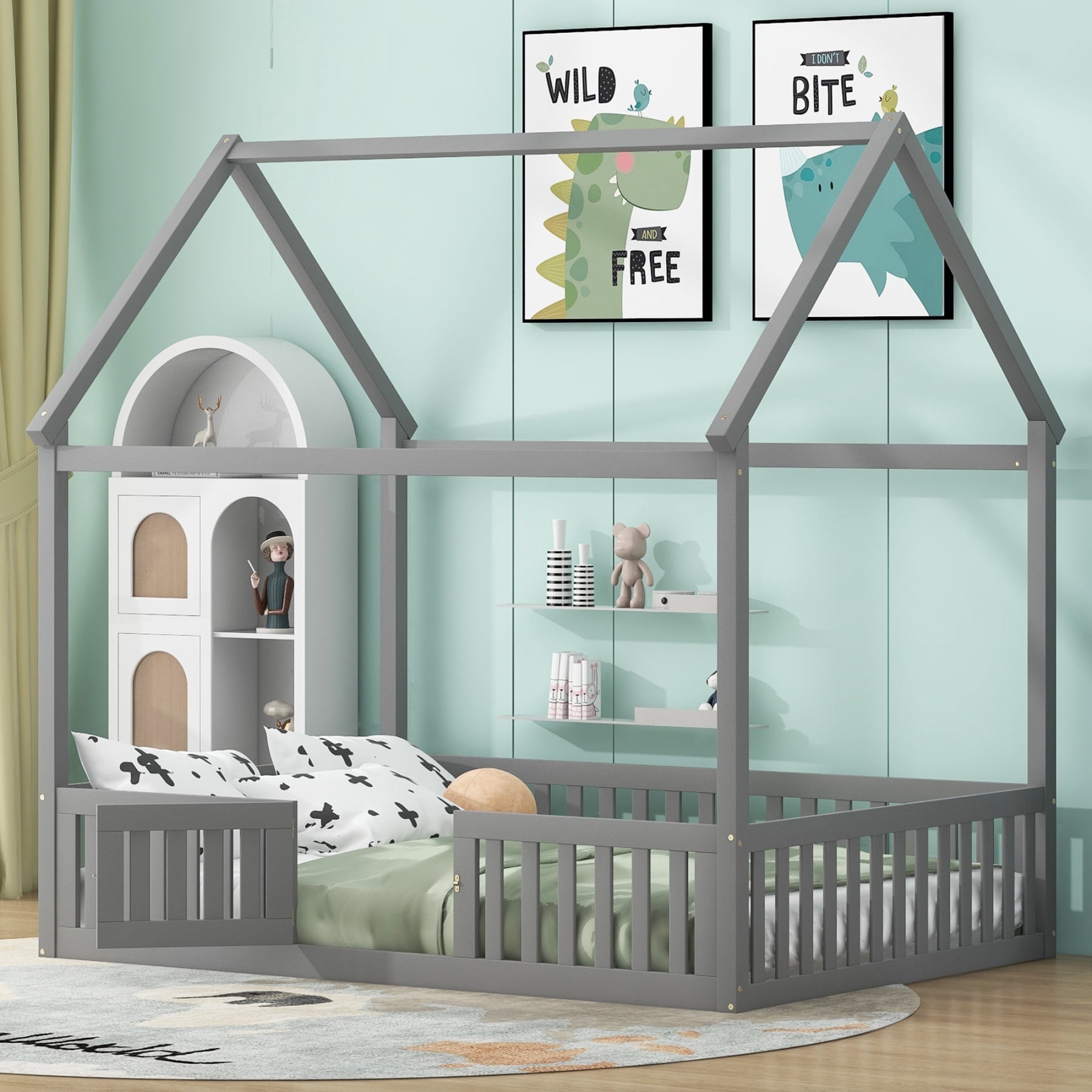Harper & Bright Designs Full Size Floor House Bed, Wood Montessori Bed with Fence & Door, Full House Bed with Roof for Girls & Boys, Gray