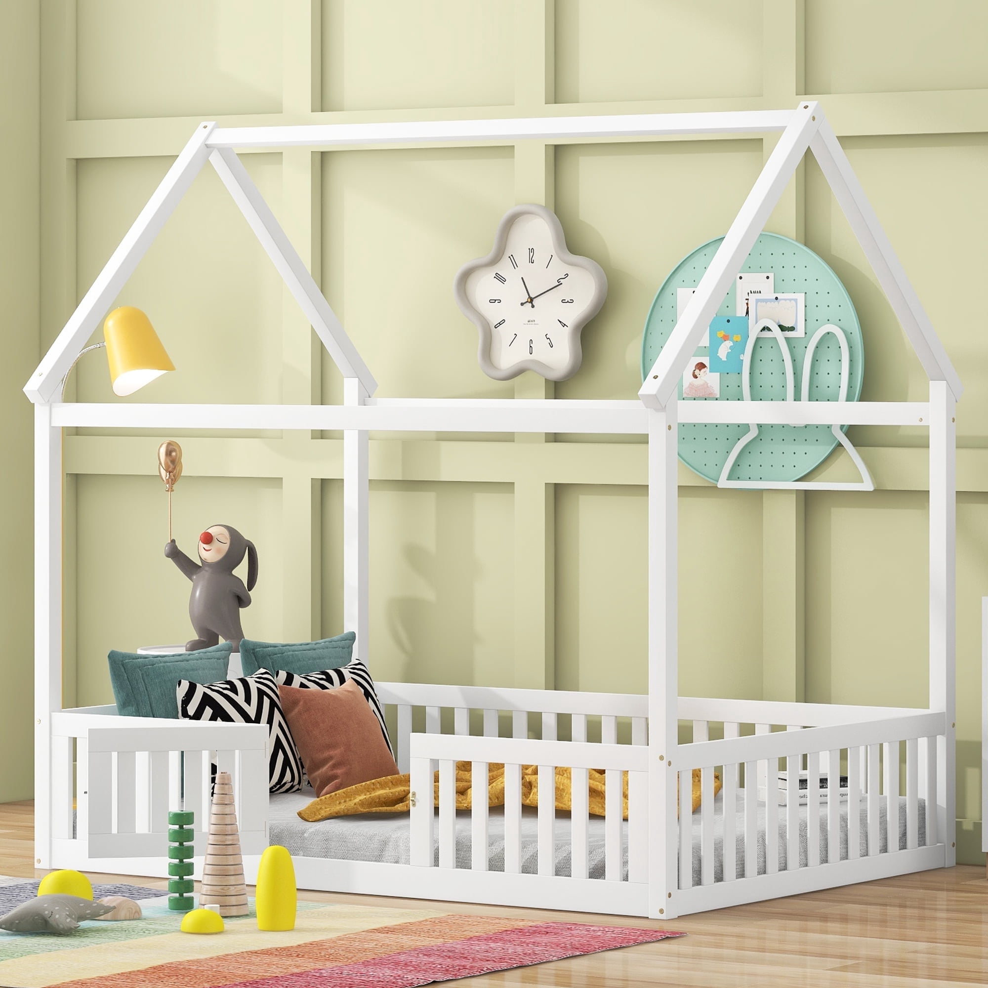 Harper & Bright Designs Full Size Floor House Bed, Wood Montessori Bed with Fence & Door, Full House Bed with Roof for Girls & Boys, White