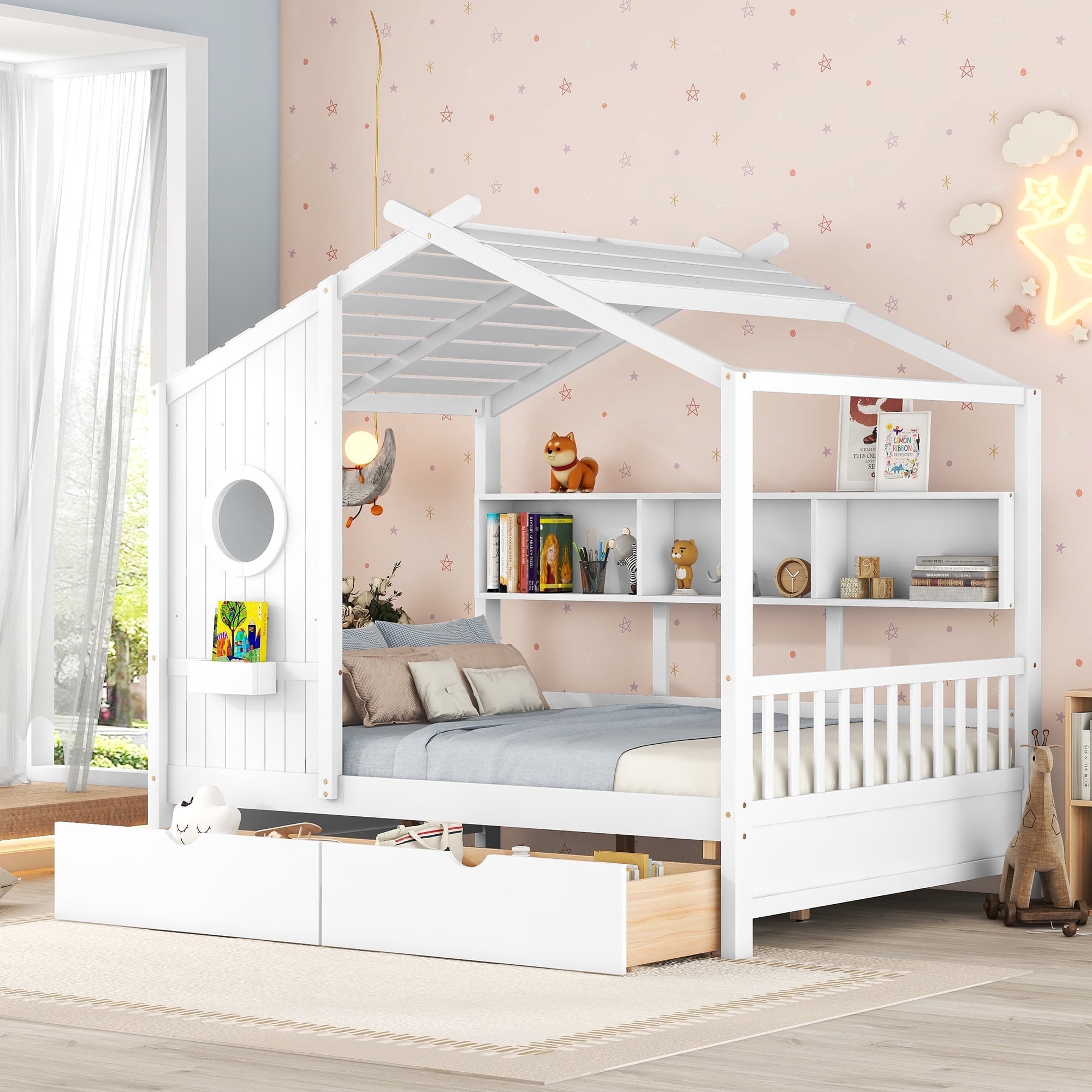Harper & Bright Designs Full Size House Bed with Roof and Window, Wooden Daybed Frame with Shelves and 2 Drawers for Girls Boys, White