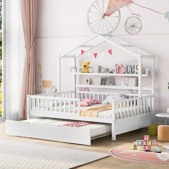 Harper & Bright Designs Full Size House Bed with Trundle and Storage Shelves, Kids Platform Bed with Fence Rails Wood Playhouse Tent Bed Frame for Girls Boys, White