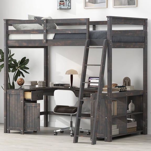 Harper & Bright Designs Full Size Loft Bed with Desk, Drawers and Storage Shelves, Wooden High Loftbed Frame with Cabinet for Boys Girls Adults Bedroom, Antique brown