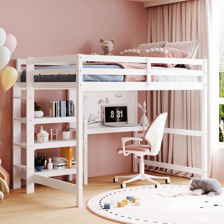 Churanty Full Size Loft Bed with Desk and Shelves,Wooden Loft Bed with Storage Shelves and Writing Board,Full Loft Bed Frame for Kids with Stairs,White