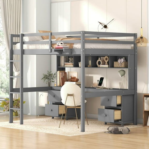 Harper & Bright Designs Full Size Loft Bed with Desk and Storage Cabinets & Drawers, Wooden High Loftbed Frame with Charging Station and Bedside Tray for Bedroom Dorm, Gray