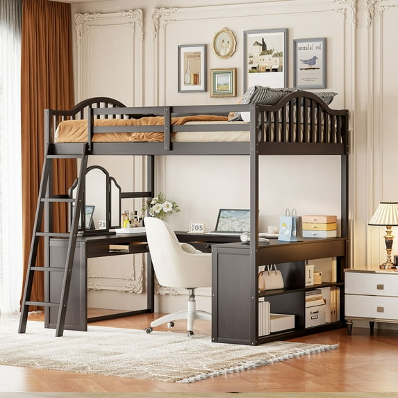Harper & Bright Designs Full Size Loft Bed with Desk, Wood Loft Bed with Drawers & Storage Shelves, High Loft Bed Full with Vanity Mirror for Boys Girls Adults, Espresso
