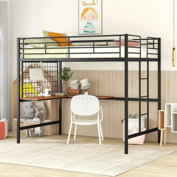 Harper & Bright Designs Full Size Loft Bed with Desk and Metal Grid, Metal High Loft Bed Frame for Teens, Black