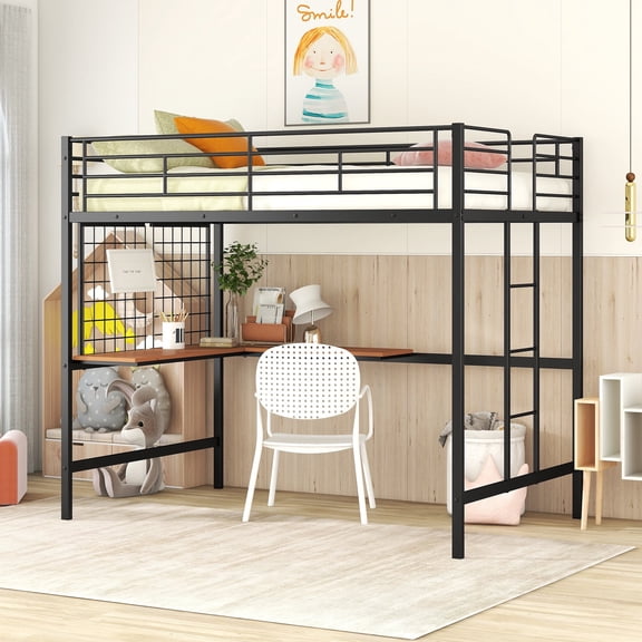 Harper & Bright Designs Full Size Loft Bed with Desk and Metal Grid, Metal High Loft Bed Frame for Teens, Black