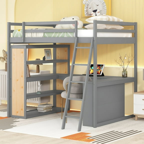 Harper & Bright Designs Full Size Loft Bed with Desk and Shelves, Solid Wood High Loftbed Frame with Storage Drawers for Boys Girls Bedroom, Gray