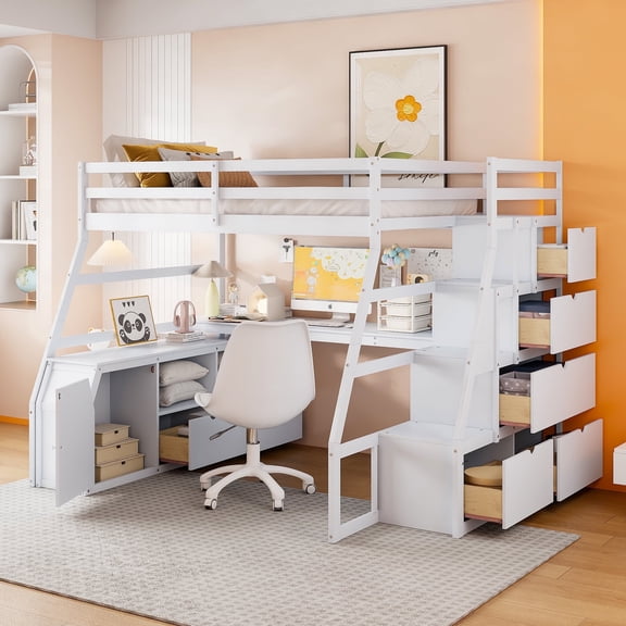 Harper & Bright Designs Full Size Loft Bed with Desk and Storage Stairs, Wood Loft Bed Full with 7 Drawers & Shelve, High Loft Bed with Desk for Boys Girls, White