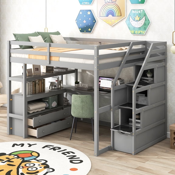 Harper & Bright Designs Full Size Loft Bed with Storage Staircase and Desk, High Loft Bed Frame with 2 Built-in Drawers for Adults, Espresso