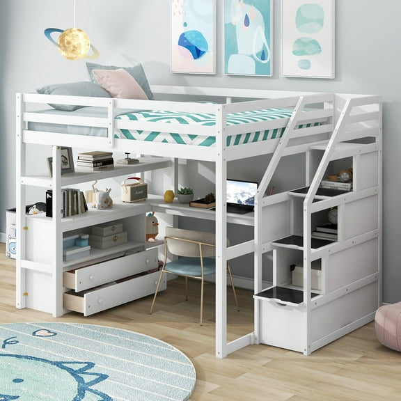 Harper & Bright Designs Full Size Loft Bed with Storage Staircase and Desk, High Loft Bed Frame with 2 Built-in Drawers for Adults, Espresso
