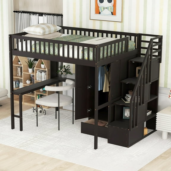 Harper & Bright Designs Full Size Loft Bed with Wardrobe and Built-in Desk, Solid Wood High Staircase Loft Bed Frame with Storage Bookshelf for Boys Girls, Espresso