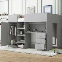 Harper & Bright Designs Full Size Loft Bed with Wardrobe and Desk, Wood Full Loft Bed Frame with Storage Shelves and Drawers, Grey