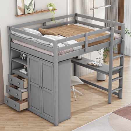 Harper & Bright Designs Full Size Loft Bed with Wardrobe and Desk, Wood Loft Bed Frame with Storage Shelves and Drawers for Adults, Gray