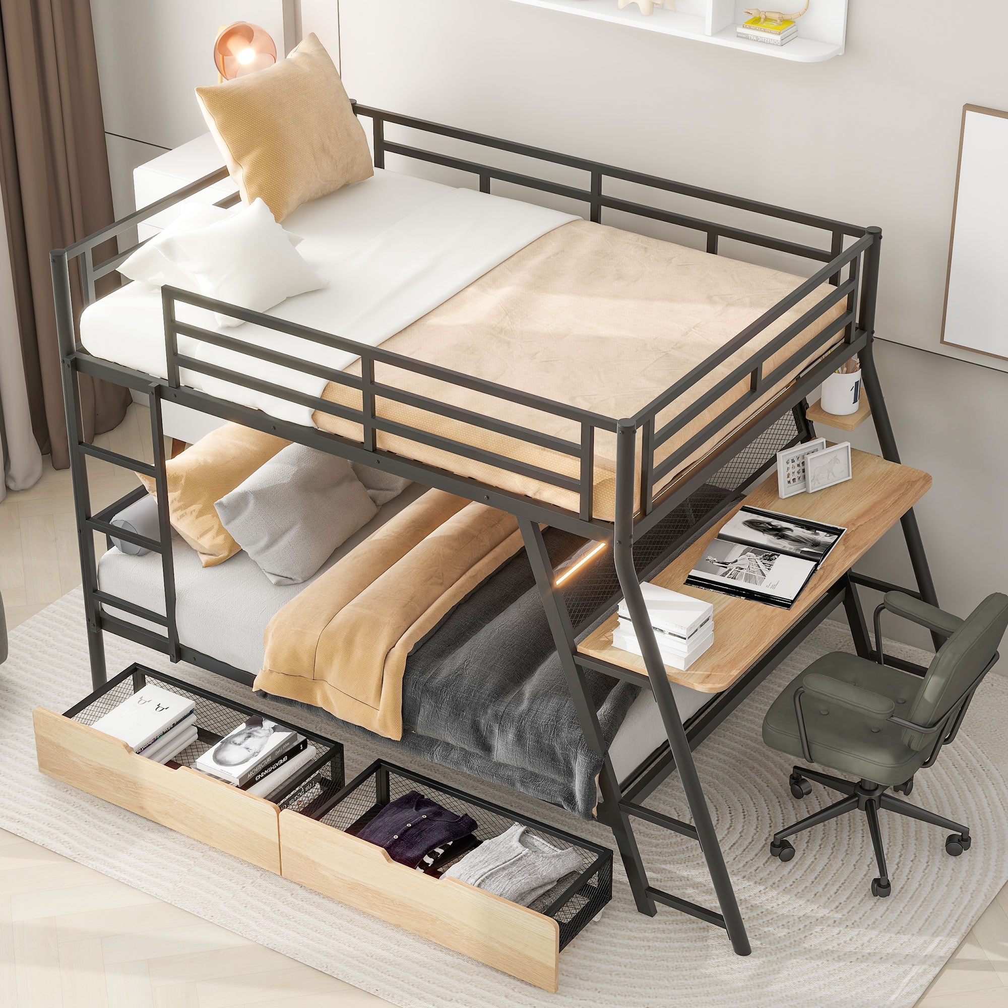 Churanty Full Size Metal Full Size Bunk Bed with Built-in Desk for Kids