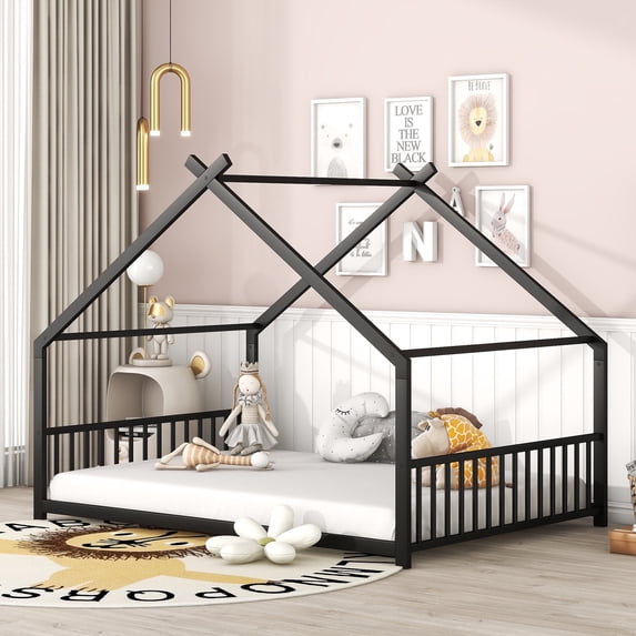 Harper & Bright Designs Full Size Metal House Bed, Black