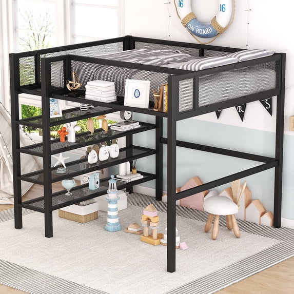 Churanty Full Size Metal Loft Bed with 4-Tier Shelves, Storage and ...