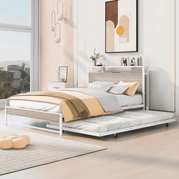 Harper & Bright Designs Full Size Metal Platform Bed Frame with Trundle, Platform Bed with Upholstered Headboard and USB Ports, White