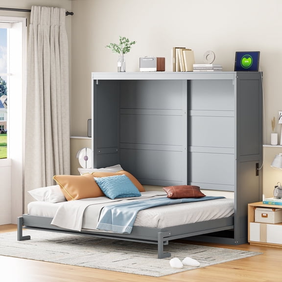 Harper & Bright Designs Full Size Murphy Bed Cabinet, Wood Murphy Bed Platform Chest Bed Frame, Folding Wall Bed for Bedroom & Guest Room, Gray