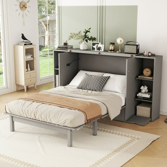 Harper & Bright Designs Full Size Murphy Bed Foldable into Cabinet, Wooden Platform Bedframe with Shelves, Drawers and USB Ports, Gray