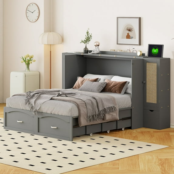 Harper & Bright Designs Full Size Murphy Bed with Storage Drawer and 2 Cabinets, Wall Cabinet Bedframe with Sockets & USB Ports and Rattan Decoration, Pulley Structure Design, Gray