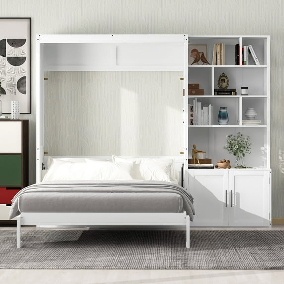 Harper & Bright Designs Full Size Murphy Bed Wall Bed with Storage Shelves, Folding Wall Bed with Cabinet for Bedroom Guest Room, White