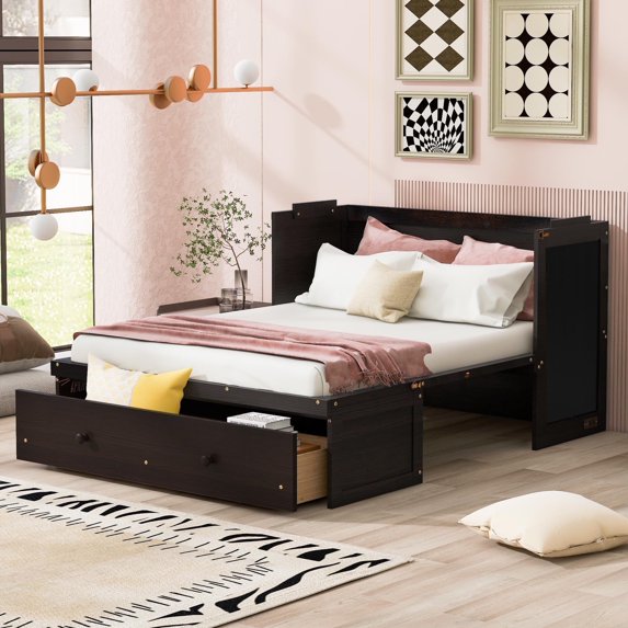 Harper & Bright Designs Full Size Murphy Bed, Wooden Full Murphy Bed Frame with Large Drawers, Chest Cabinet Bed with USB Ports, Espresso