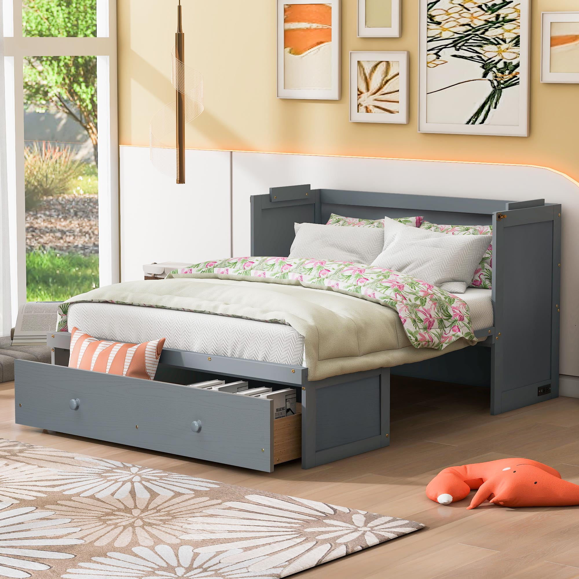 Gray Pine Full Size Murphy Bed with Large Drawer and USB Ports