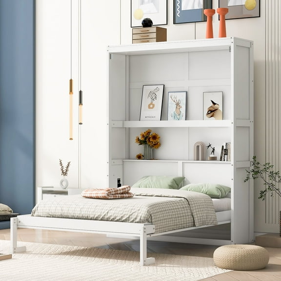 Harper & Bright Designs Full Size Murphy Bed with Shelves, Foldable Wall Bedframe w/Flexible Slats Support, Space-Saving Design, Can Be Folded Into Cabinet, White