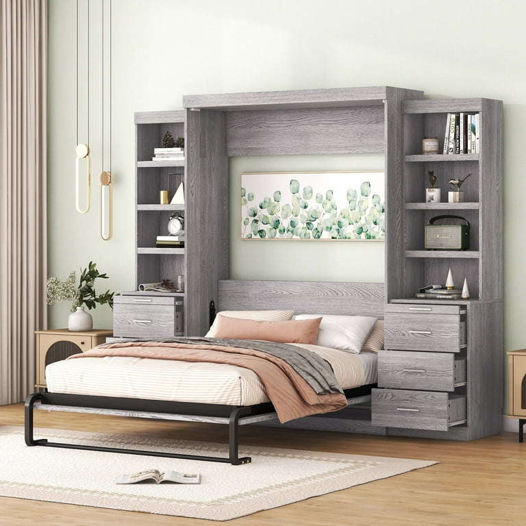 Modern Full Size Wood Murphy Bed with Drawer and Shelf for Bedroom Grey