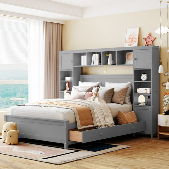 Harper & Bright Designs Full Size Platform Bed with All-in-One Cabinet and Storage Shelf, Wooden Full Bed Frame with 4 Drawers and Sockets, Gray