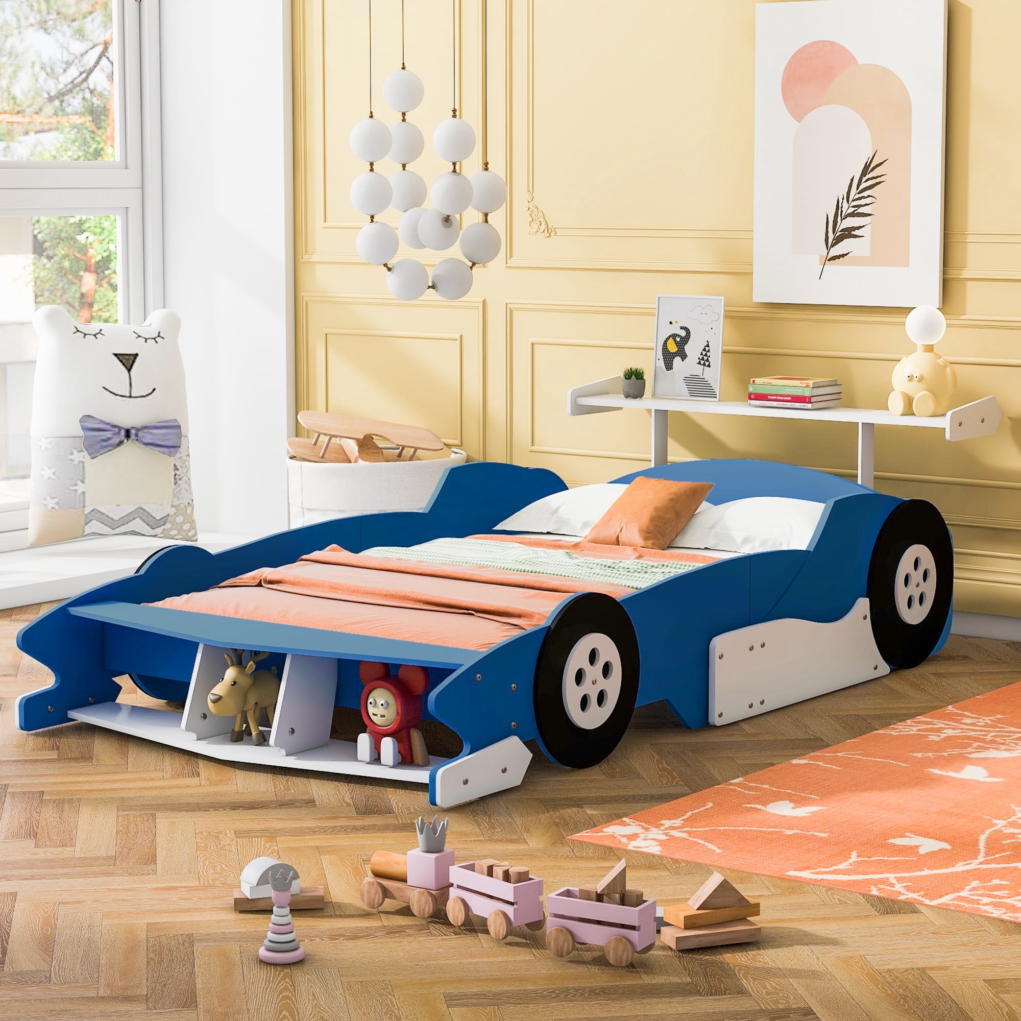 Harper & Bright Designs Full Size Race Car Platform Bed for Boys Girls, Wooden Car-Shaped Platform Bed Frame with Wheels, Blue