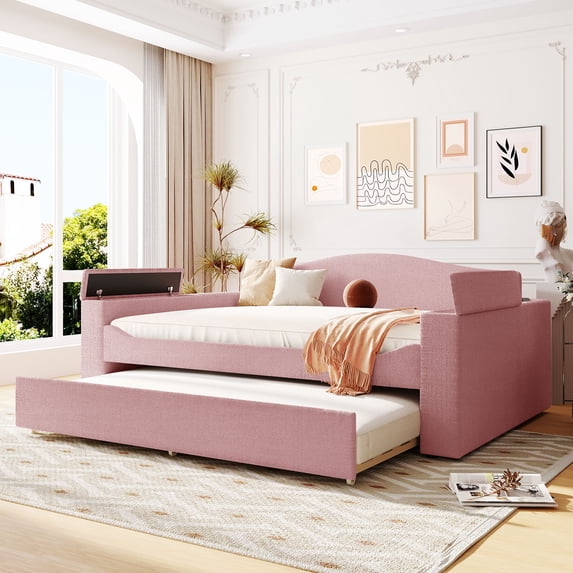 Harper & Bright Designs Full Size Upholstered Daybed with Trundle and Storage Armrests, Wood Bed Frame with Latest Integrated Bluetooth Audio System for Bedroom Furniture, Teddy Fleece Sofa Bed